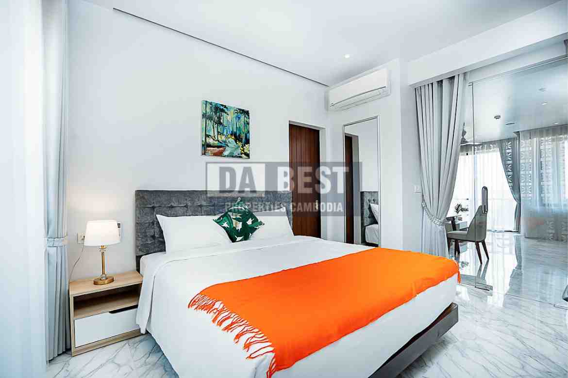 Central 1 Bedroom Serviced Apartment For Rent In Siem Reap With Modern Living Room, Kitchen And Swimming Pool - Bedroom