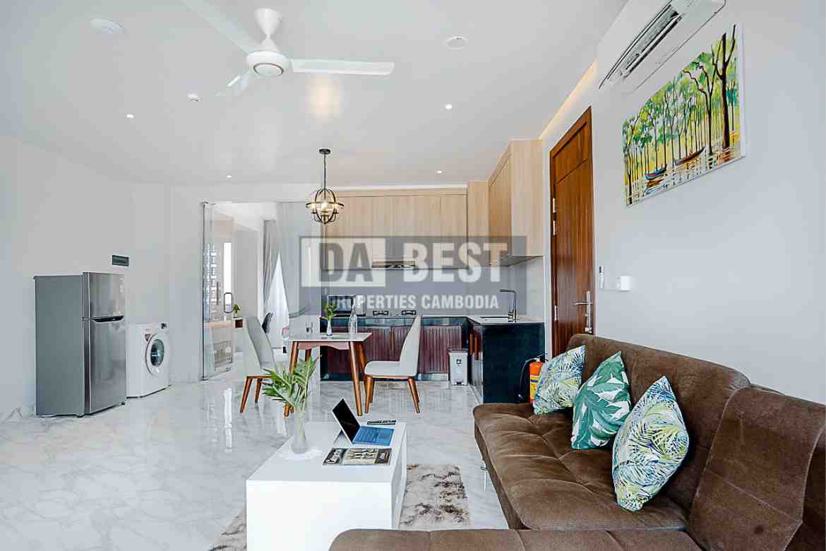 Central 1 Bedroom Serviced Apartment For Rent In Siem Reap With Modern Living Room, Kitchen And Swimming Pool - Living Room -1