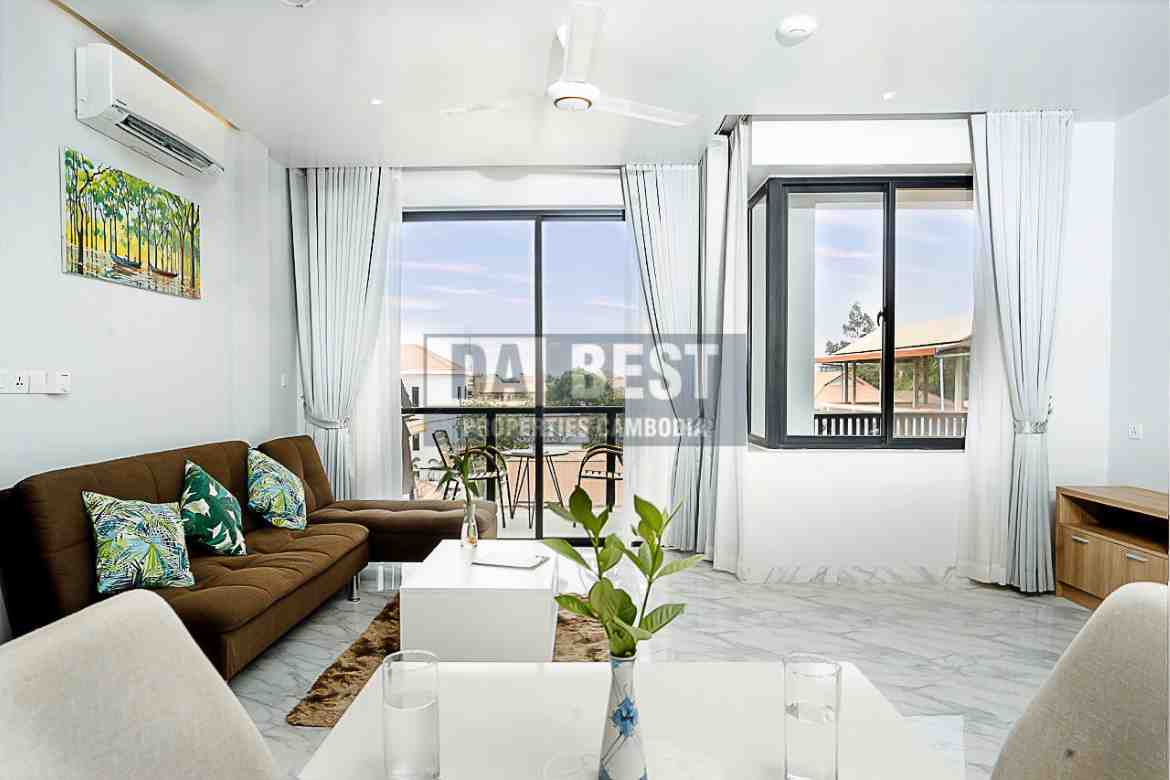 Central 1 Bedroom Serviced Apartment For Rent In Siem Reap With Modern Living Room, Kitchen And Swimming Pool - Living area with Balcony