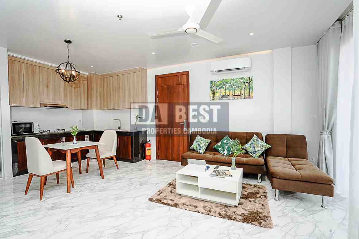 Central 1 Bedroom Serviced Apartment For Rent In Siem Reap With Modern Living Room, Kitchen And Swimming Pool - Living area