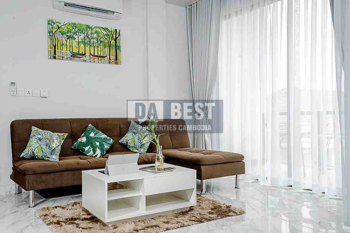 Central 1 Bedroom Serviced Apartment For Rent In Siem Reap With Modern Living Room, Kitchen And Swimming Pool - Living room