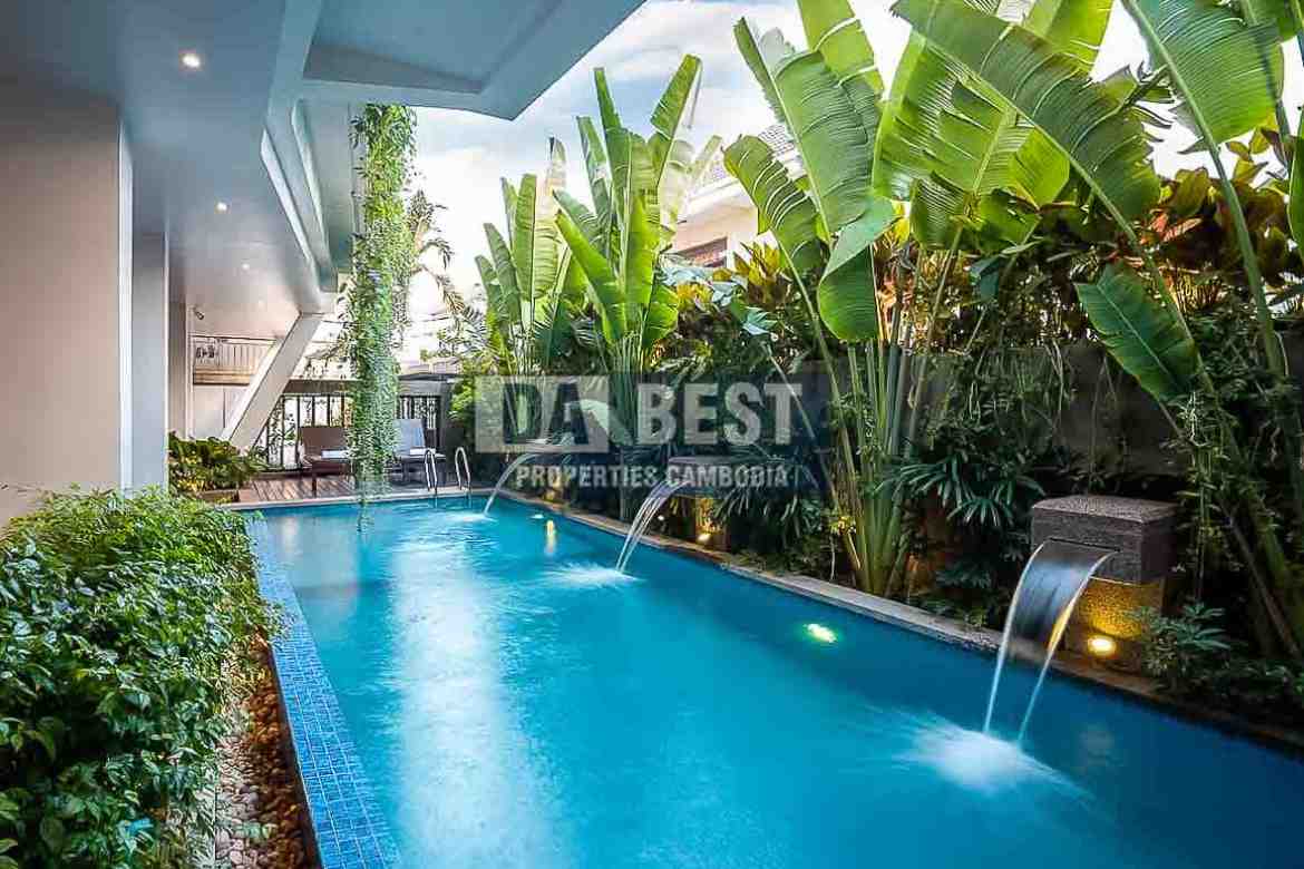 Central 1 Bedroom Serviced Apartment For Rent In Siem Reap With Modern Living Room, Kitchen And Swimming Pool